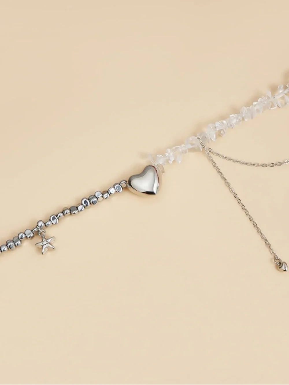 Silver Heart & Clear Crystal Double Strand Choker Necklace